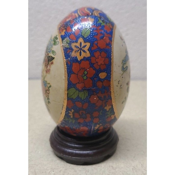 Golden Accented Oriental Birds Flowers Textured Porcelain Ceramic Egg with Stand - Picture 4 of 11